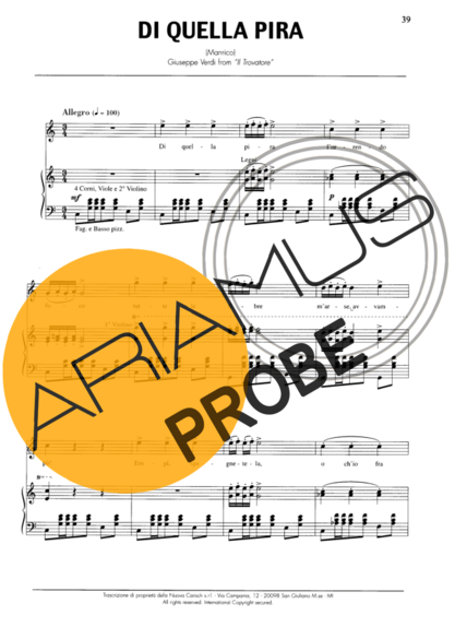 Andrea Bocelli Di Quella Pira score for Klavier