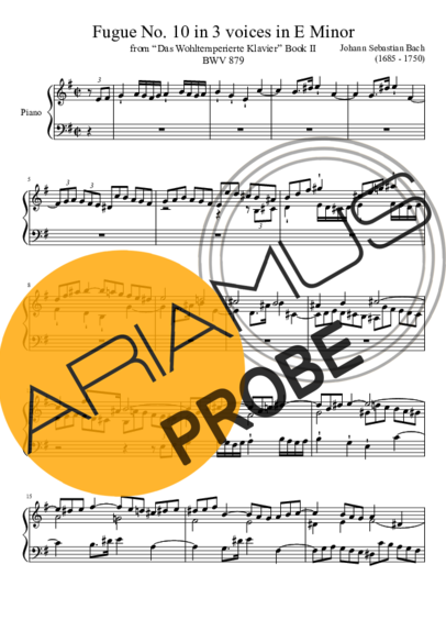 Bach Fugue No. 10 BWV 879 In E Minor score for Klavier