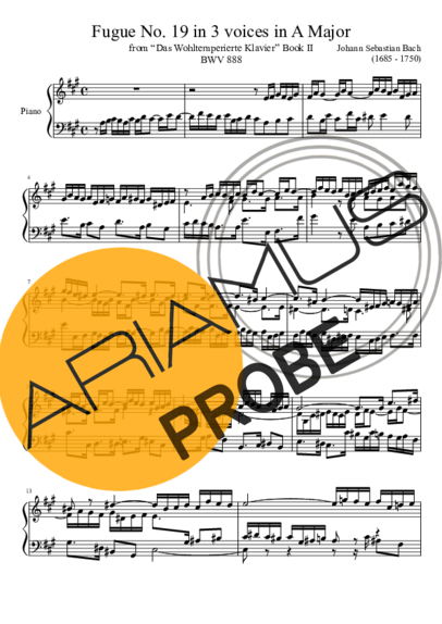 Bach Fugue No. 19 BWV 888 In A Major score for Klavier