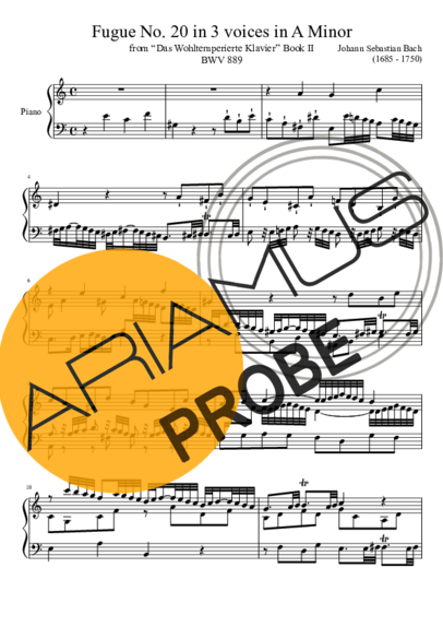 Bach Fugue No. 20 BWV 889 In A Minor score for Klavier