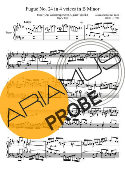 Bach Fugue No. 24 BWV 869 In B Minor score for Klavier