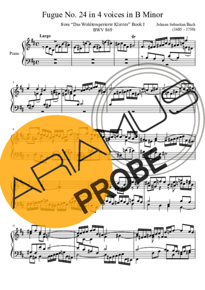 Bach Fugue No. 24 BWV 869 In B Minor score for Klavier