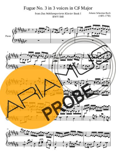 Bach Fugue No. 3 BWV 848 In C Major score for Klavier