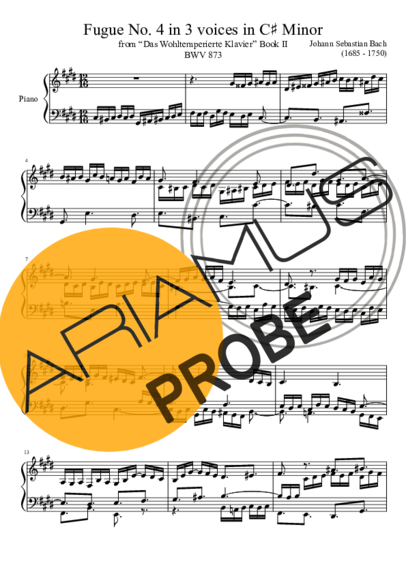 Bach Fugue No. 4 BWV 873 In C Minor score for Klavier