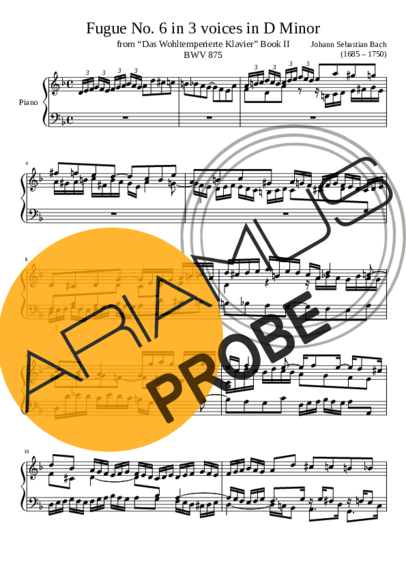 Bach Fugue No. 6 BWV 875 In D Minor score for Klavier