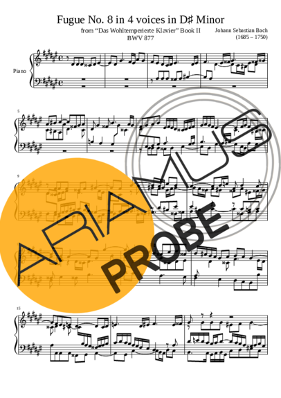 Bach Fugue No. 8 BWV 877 In D Minor score for Klavier