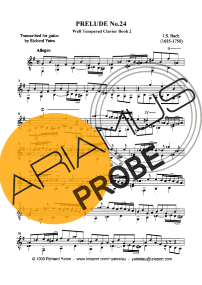 Bach Prelud No 24 score for Akustische Gitarre