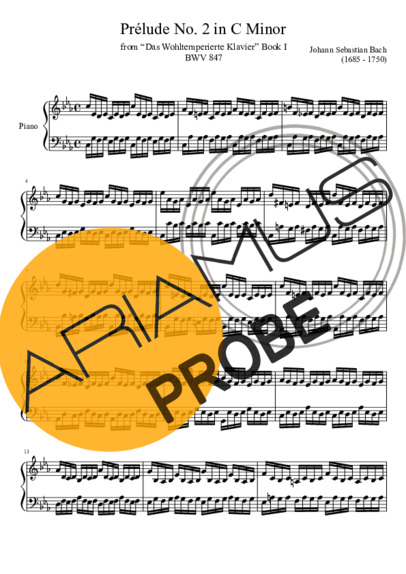 Bach Prelude No. 2 BWV 847 In C Minor score for Klavier