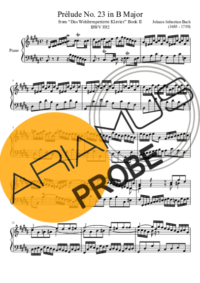Bach Prelude No. 23 BWV 892 In B Major score for Klavier