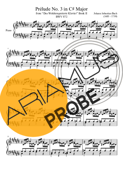 Bach Prelude No. 3 BWV 872 In C Major score for Klavier