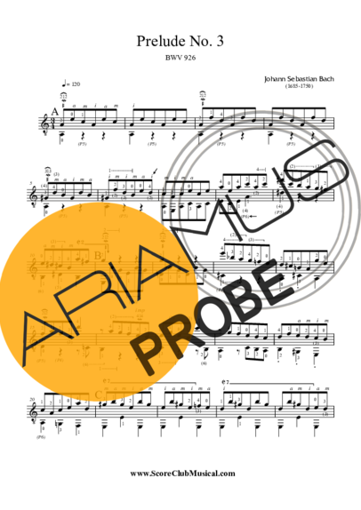 Bach Preludio Nr 3 BWV 926 score for Akustische Gitarre