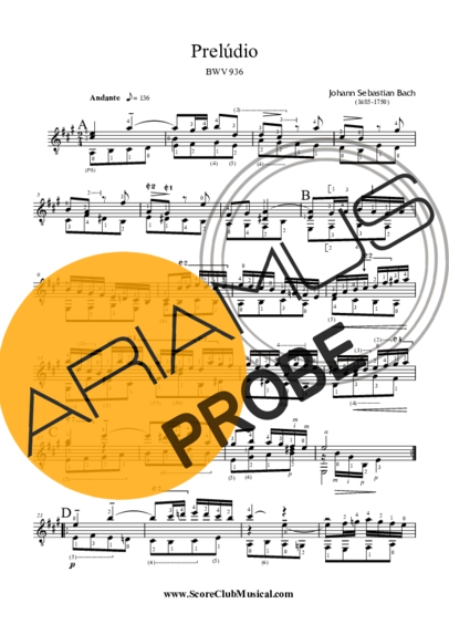 Bach Preludio Nr 4 BWV 936 score for Akustische Gitarre