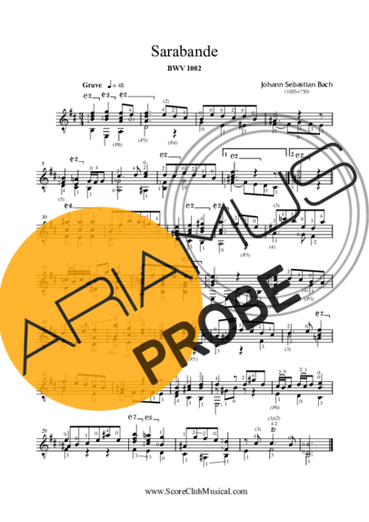 Bach Sarabanda BWV 1002 score for Akustische Gitarre