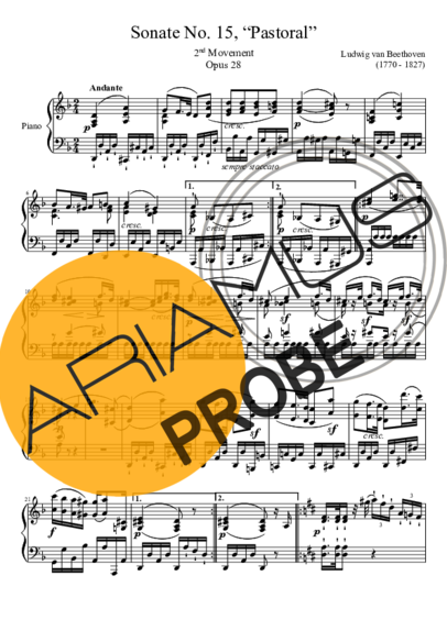 Beethoven Sonata No 15 2nd Movement score for Klavier