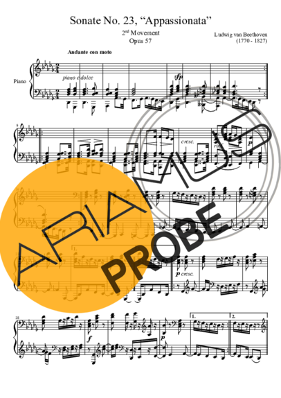 Beethoven Sonata No 23 Apassionata 2nd Movement score for Klavier
