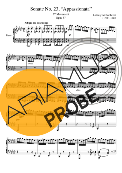 Beethoven Sonata No. 23 Appassionata 3rd Movement score for Klavier