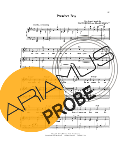Billie Holiday Preacher Boy score for Klavier