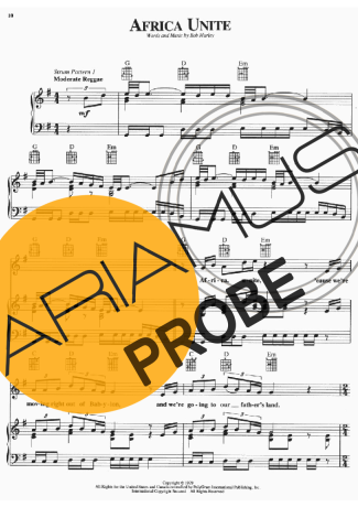 Bob Marley Africa Unite score for Klavier