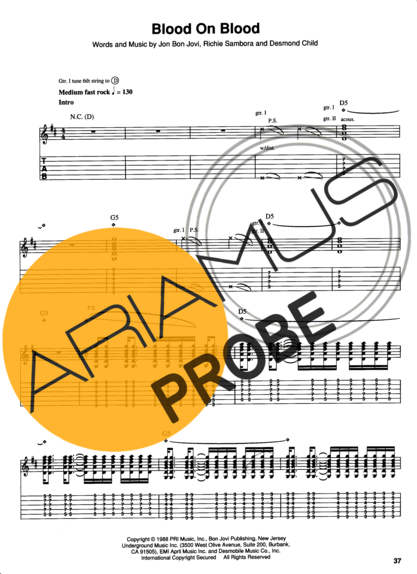 Bon Jovi Blood On Blood score for Gitarre
