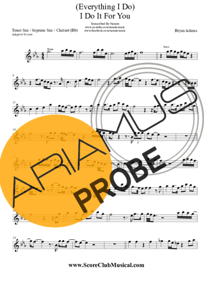 Bryan Adams I Do It For You (Everything I Do) score for Tenor-Saxophon Sopran (Bb)