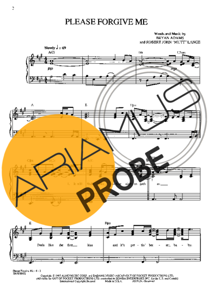 Bryan Adams Please Forgive Me score for Klavier