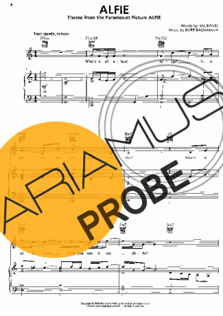 Burt Barcharach Alfie score for Klavier