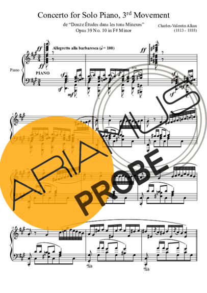 Charles Valentin Alkan Concerto For Solo Piano 3rd Movement Opus 39 No. 10 In F Minor score for Klavier
