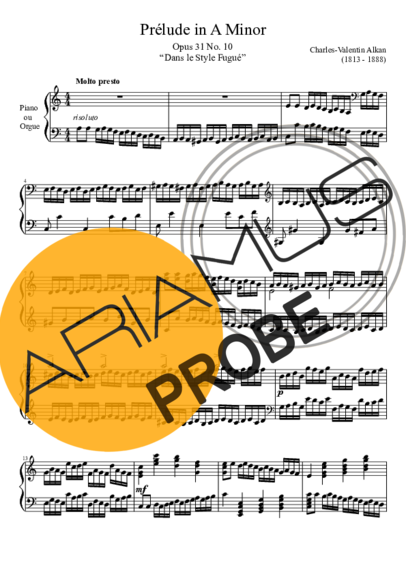 Charles Valentin Alkan Prelude Opus 31 No. 10 In A Minor score for Klavier