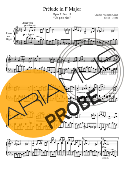 Charles Valentin Alkan Prelude Opus 31 No. 11 In F Major score for Klavier