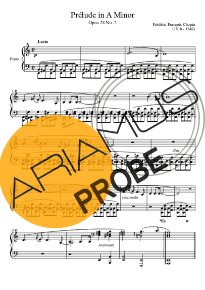 Chopin Prelude Opus 28 No. 02 In A Minor score for Klavier
