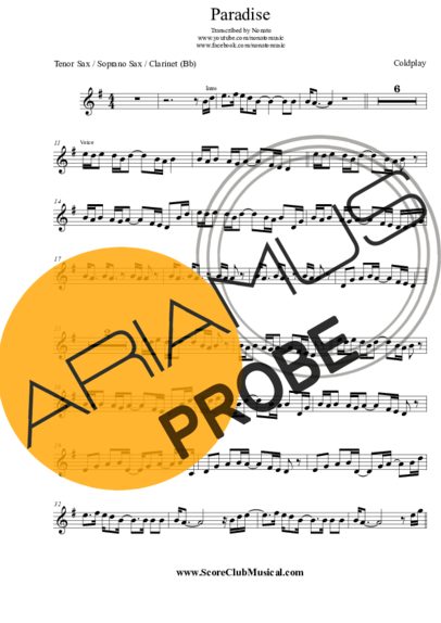 Coldplay Paradise score for Tenor-Saxophon Sopran (Bb)