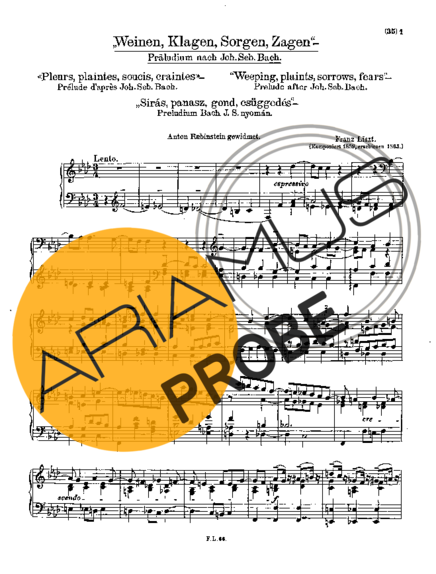 Franz Liszt Weinen Klagen Sorgen Zagen S.179 score for Klavier