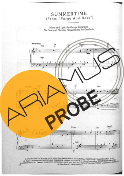 Jazz Standard Summertime score for Klavier