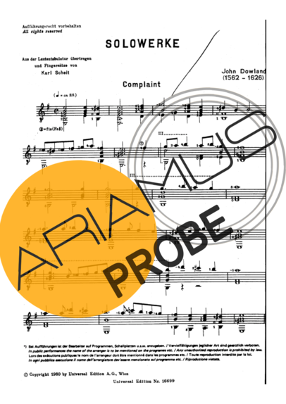 John Dowland Complaint score for Akustische Gitarre