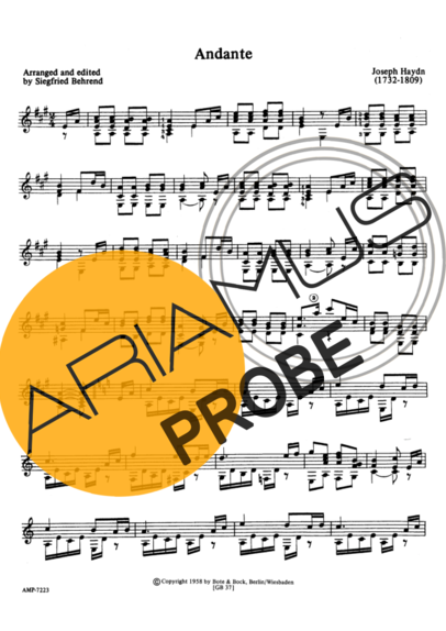 Joseph Haydn Andante (A Major) score for Akustische Gitarre