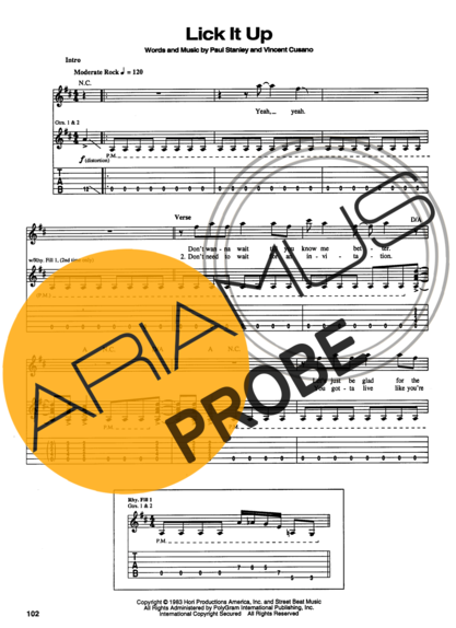 Kiss Lick It Up score for Gitarre