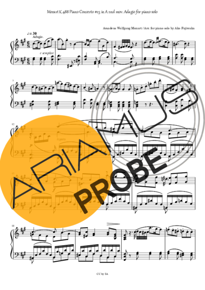 Mozart K.488 Piano Concerto 23 in A (2nd mov. Adagio) score for Klavier