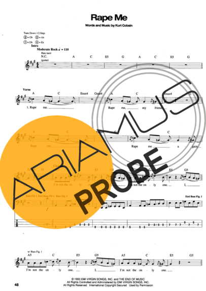 Nirvana Rape Me score for Bass