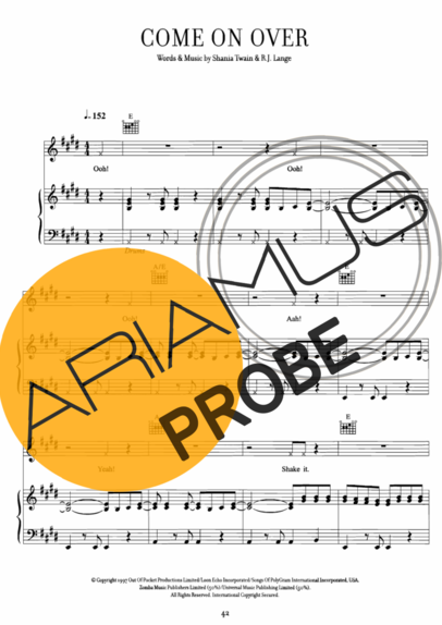 Shania Twain Come On Over score for Klavier